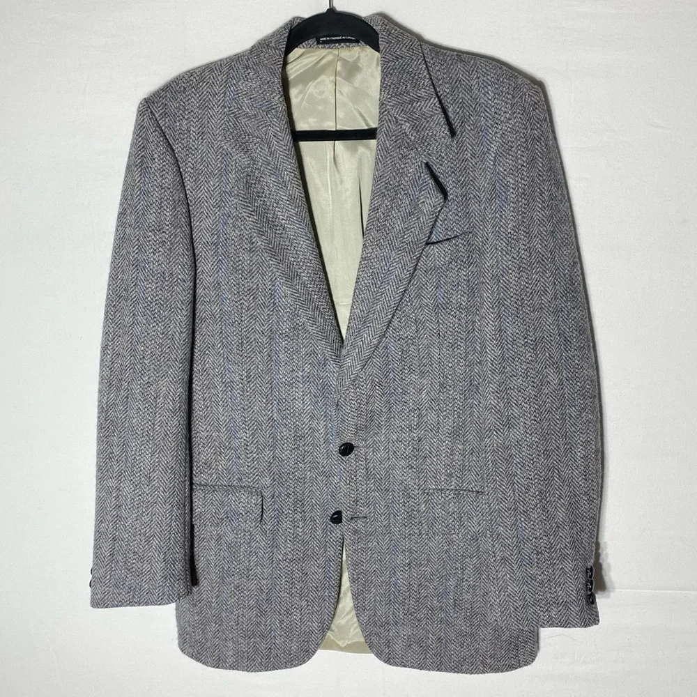 Vintage Harris Tweed Moores Classic Grey Herringbone Wool Blazer 38L Academia - Picture 1 of 16